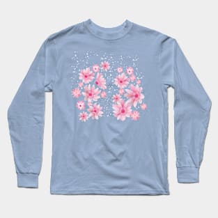 Cherry Blossoms In Snow_Blue Background Long Sleeve T-Shirt